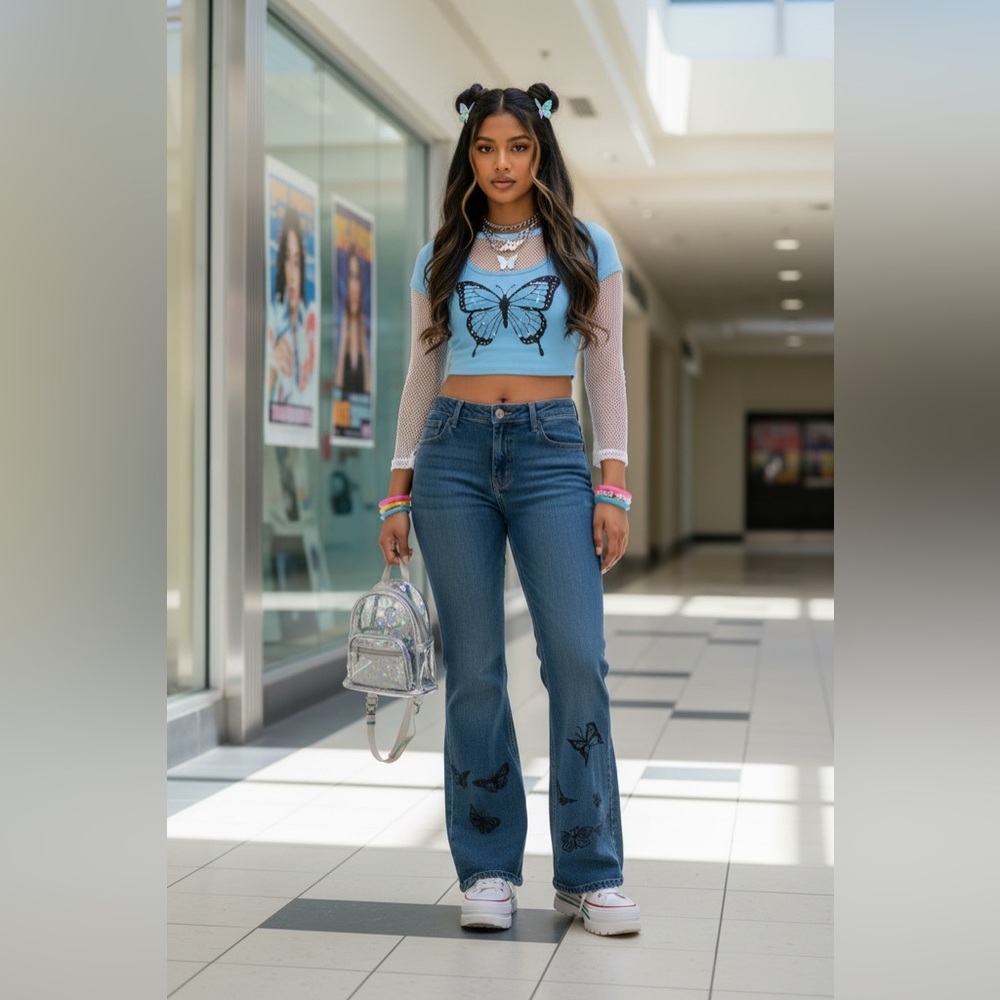 Vintage Y2K L.E.I Blue Butterfly Flare Jeans